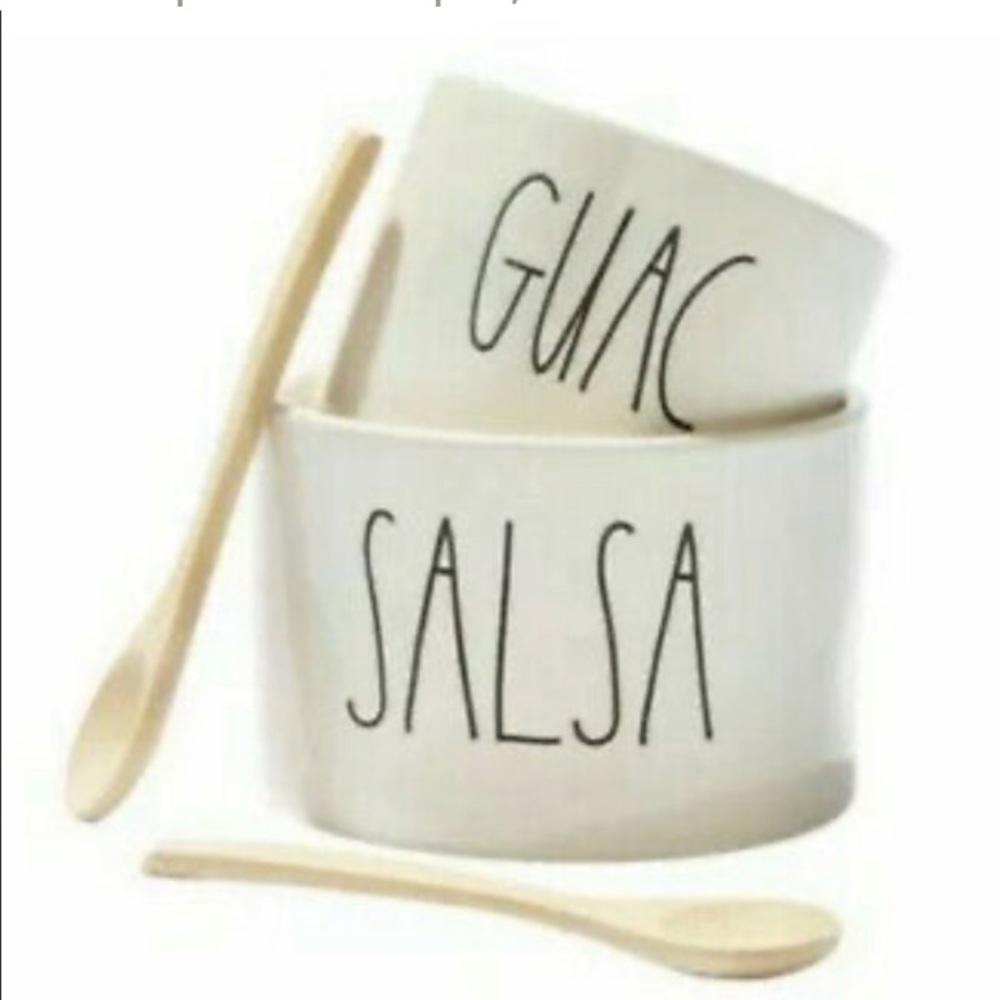 Rae Dunn Salsa and Guac bowls with bamboo serving spoons